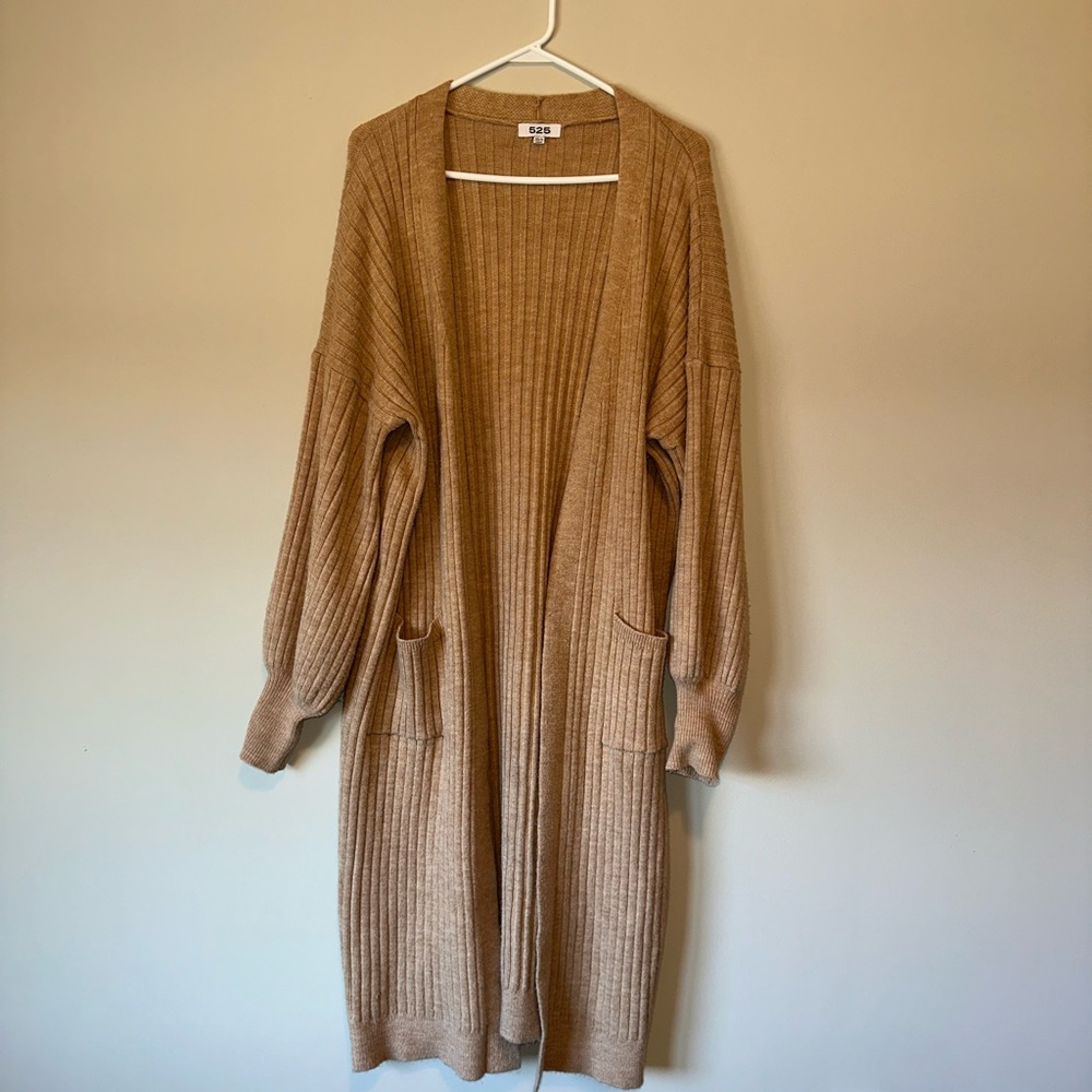 525 America Tan Ribbed Open-Front Cardigan